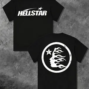 Hell Star Pattern Double Sided Printed T-Shirt, High Quality Crew Neck Casual Short Sleeve Top for Spring & Summer