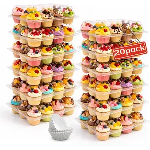 WIKDAY (12 Count x 20 Sets Plastic Cupcake Containers with Liners, Clear Cupcake Holder with Lids, Disposable Cupcake Carrier for Bakery, Cupcake Storage Box for Parties, Bake Sale Packaging