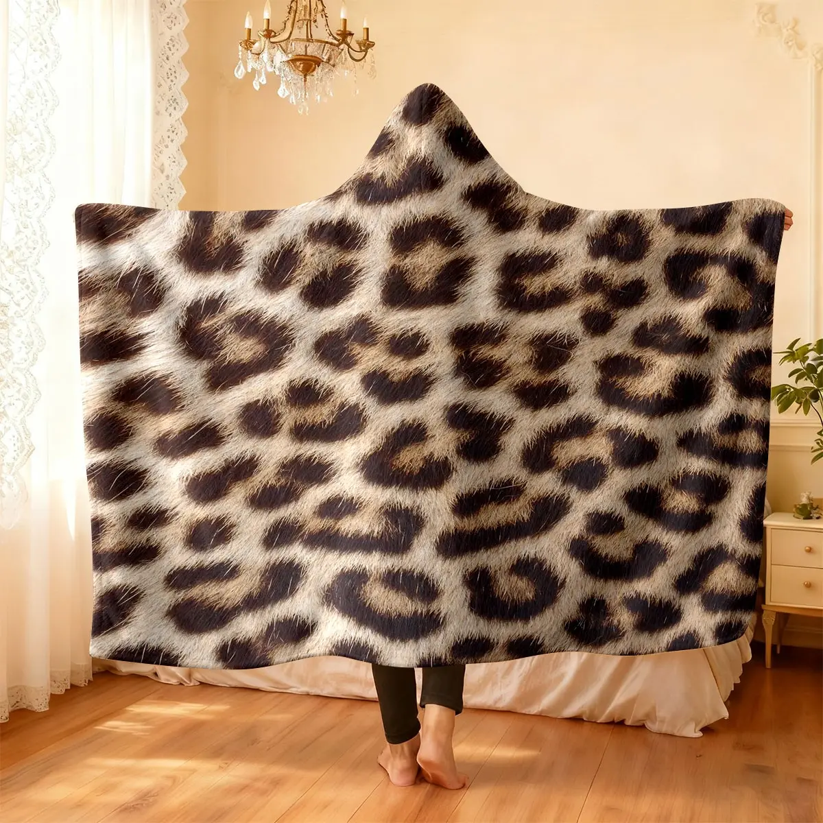 1 piece leopard print hoodie blanket simulation plush leopard print wearable lazy hooded blanket soft and comfortable bedroom living room sofa cover blanket camping blanket