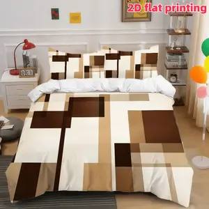 2D Flat 3Pcs Geometric Blocks Duvet Cover, Modern Abstract Brown Cream Bedding with Pillowcases, Soft Microfiber Comforter for Bedroom Decor (1 + 2, Unfilled)