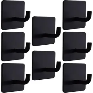 Adhesive Hooks Heavy Duty 8 Pack Stainless Steel Wall Hooks No Drill, Waterproof Bathroom Towel Hooks, Removable Sticky Hooks for Kitchen Shower Door Bedroom – 15 lbs Max, Matte Black