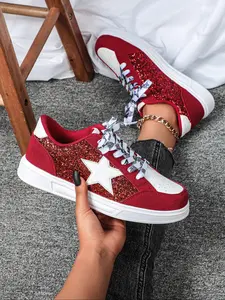 Women's Glitter Star Style Casual, Low Top Lace-Up Tennis Shoes, Comfortable Breathable Sporty Footwear for All Seasons, Glitter Design Sneakers