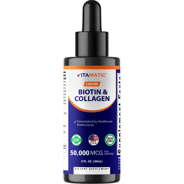 Vitamatic Liquid Biotin & Beauty Collagen Dietary Supplement Drops - 50000 mcg, 2 fl oz - Supports Healthy Hair Growth, Glowing Skin, Strong Nails - for Adults