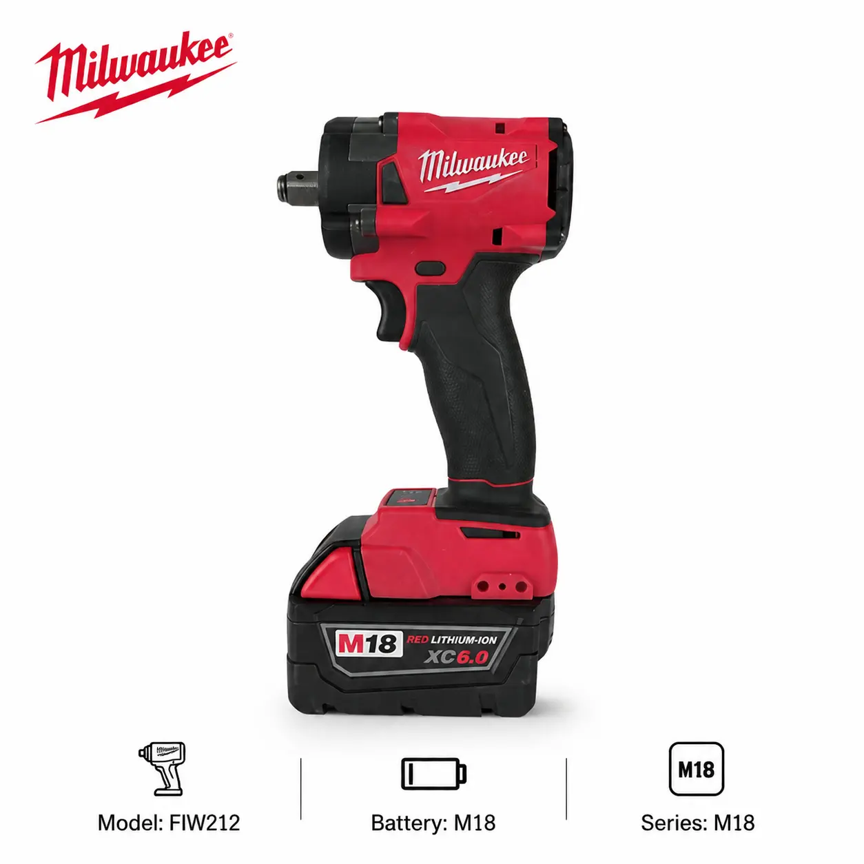 Milwaukee M18 FIW212 Compact Impact Wrench with Battery XC6.0 for Automotive Repair, Handheld Fastening Power Tool Features a 1/2-Inch Friction Ring Designed for Tight Engine Bay and Brake Maintenance Work