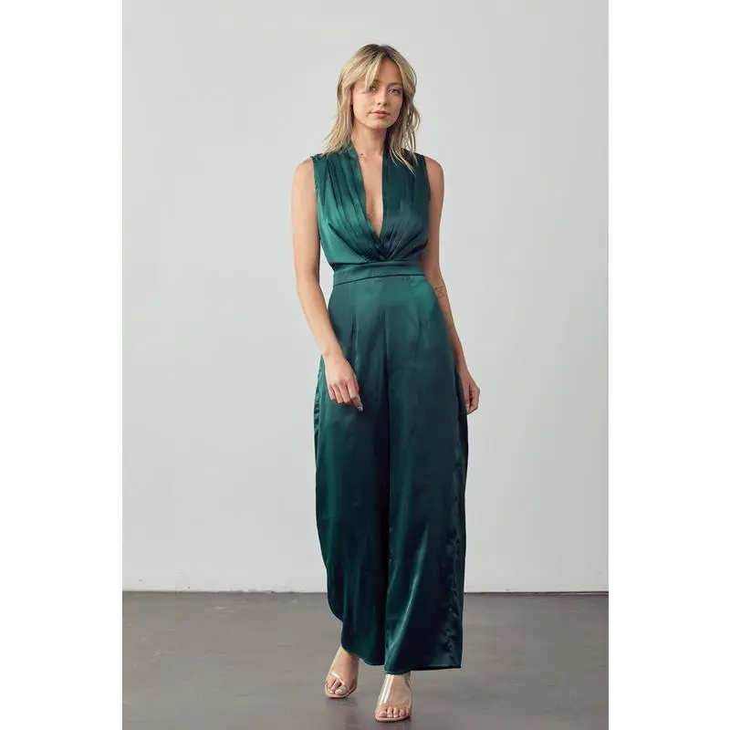 Emerald Green Satin Wide Leg Jumpsuit – Deep V Sleeveless Formal Wedding Guest Outfit