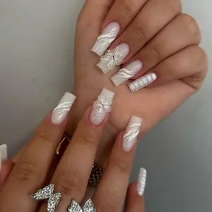 24pcs Medium Square Press-On Nails, 3D Butterfly Knot Sweet Spicy Style, Women's Nail Art Set with Jelly Glue & File, Sparkly Rhinestones