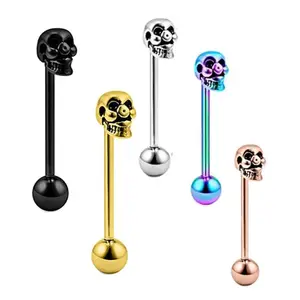 Stainless Steel Straight Tongue Nail External Thread Ghost 3D Effect Tongue Ring 14g Piercing Jewelry