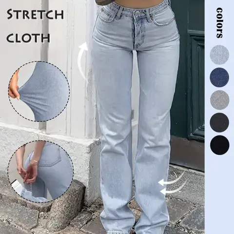 GILIPUR 90s Outfits Y2K Cute Straight Button Jeans Women Stretch Denim High Rise High Waist Boyfriend Mom Jeans Blue Wash Pants Casual Trousers For Daily Outdoor Wear Streetwear For All Seasons