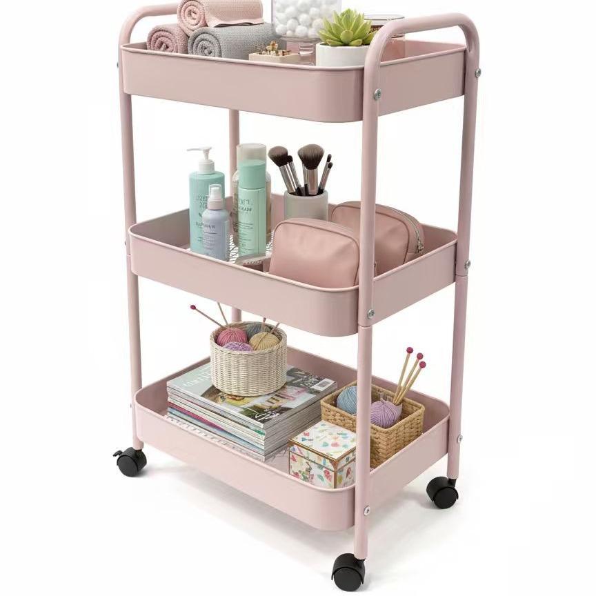 Three-layer metal multi-functional rolling trolley with lockable casters, easy to assemble, suitable for offices, bathrooms, kitchens, and dressing rooms. space-saving storage  Miniature Storage home organization rack kitchen bathroom baby organizer