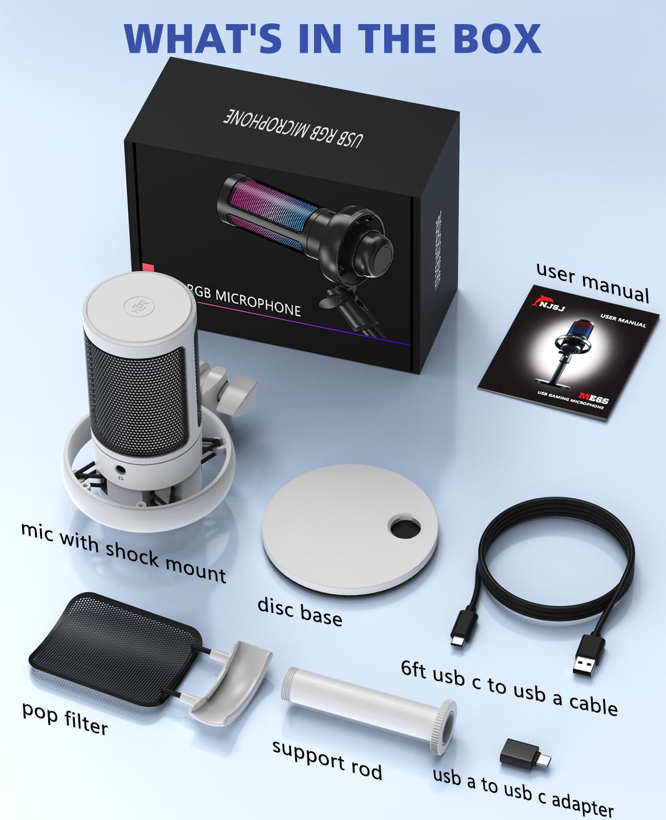 USB Microphone for Computer, Condenser Mic with One-Touch Mute and Adjustable Gain Knob, Includes Stand, Pop Filter, RGB Indicator and Shock Mount, Ideal for Podcast, Video and Streaming, Compatible with PS4/5 and PC