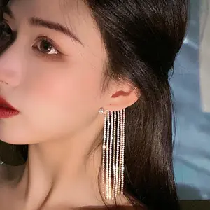Fashionable And Simple Long Tassel Earrings  Earrings for Non-Pierced Ears nugget  earrings earrings  women screw  back evry  jewel  star  nish  free Inlaid Rhinestone Star Moon Earrings