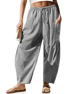Womens  Wide Leg Gingham Striped Plaid Pants Casual Barrel Loose Drawstring Low Waist Palazzo Harem Pants with Pockets