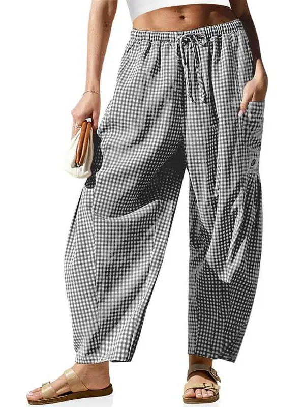 Gingham Linen Pants for Women, Casual Striped Wide Leg Baggy Bottoms with Pockets, Low Drawstring Waist for Summer Beach Wear