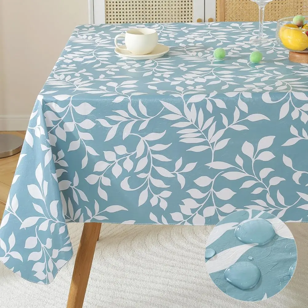 Heavy Duty Vinyl Tablecloth with Flannel Backed,  Oil-Proof Plastic Table Cloth, Wipeable Spill-Proof PVC Table Cover for Dinner Outdoor Picnic,(Blue Leaf, 52x70 Inch Rectangle)