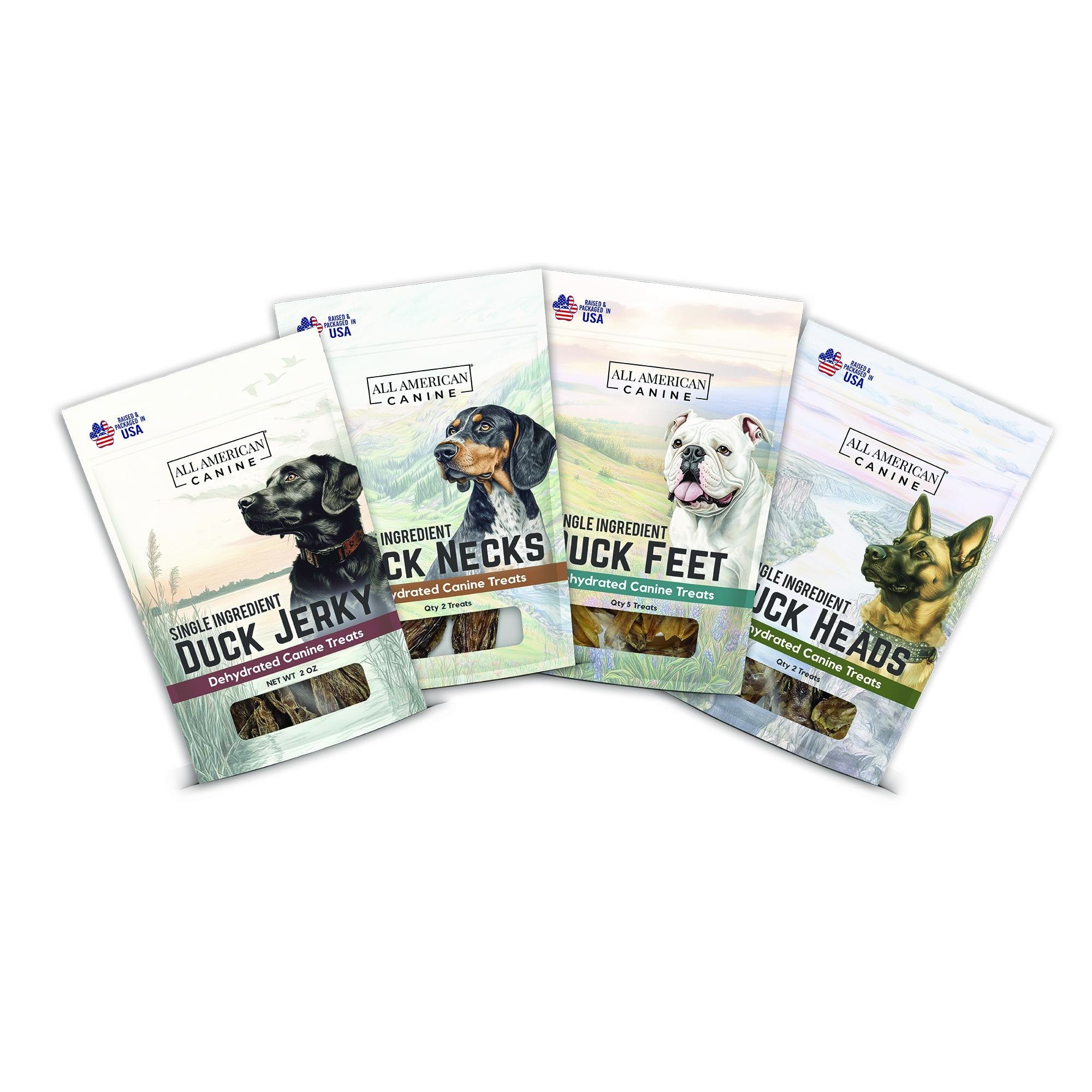 ALL AMERICAN CANINE QUACK PACK Duck TREAT Bundle Pack Jerky Necks Feet & Heads Natural Single Ingredient Chewy Digestible Low-Fat Dehydrated Meat Dog Treats Made in USA for Training Rewarding Teeth Cleaning