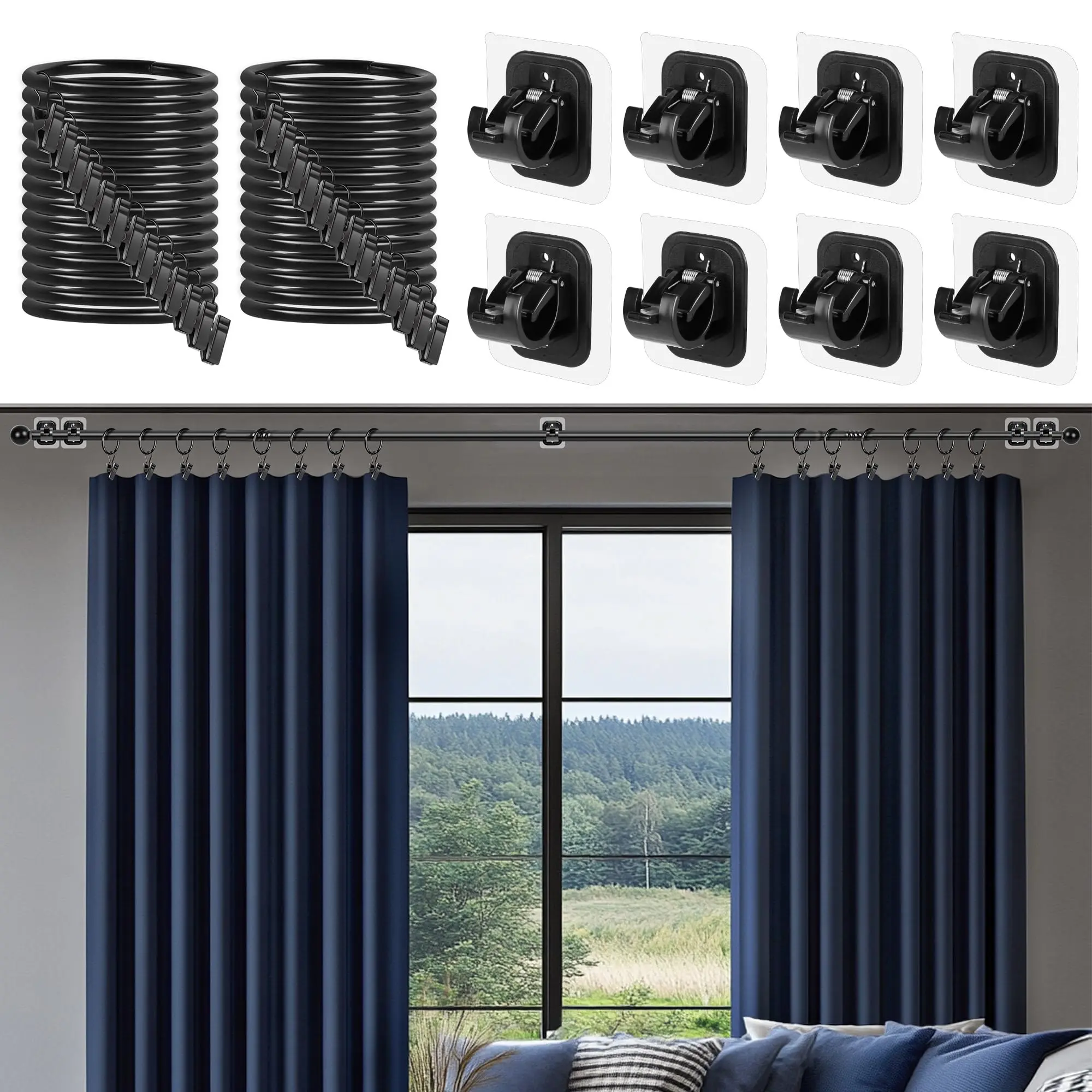 8PCS No Drill Curtain Rod Brackets + 40PCS Drapery Rings with Clips Set,Curtain Rod Holder No Drilling + Drapes Circle with Hooks,Adhesive Window Shade Pole + Drape Round Fit up to 5/8 in Diameter Rod