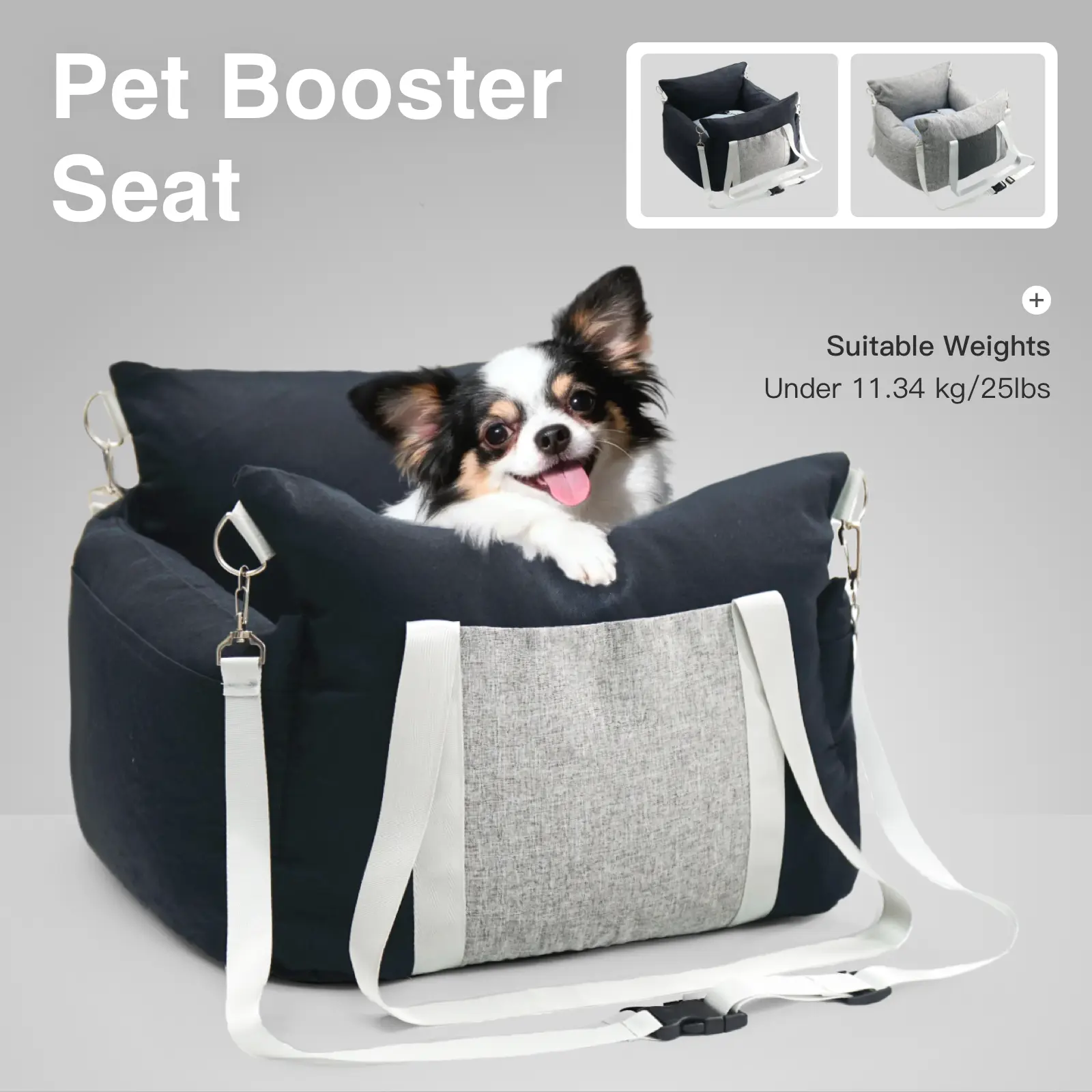 Color-Block Fabric Pet Booster Seat & Carrier Bag - Plain, Easily Detachable, Machine Washable, Large Capacity, Secure Buckle Hold, Front/Back Seat Fit, Travel Safe, Convenient Dog Accessory for Car & Home Use