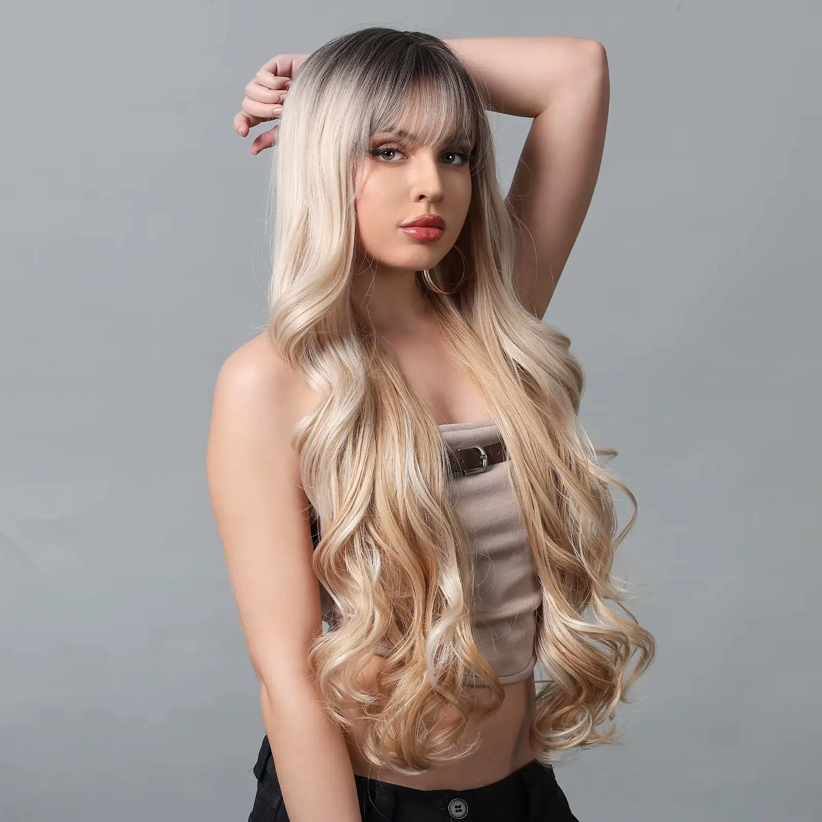 【New arrival】Ombre Blonde Wig with Bangs Long Haired Wig for Women Synthetic Cut Wig Wavy for Daily Party Use