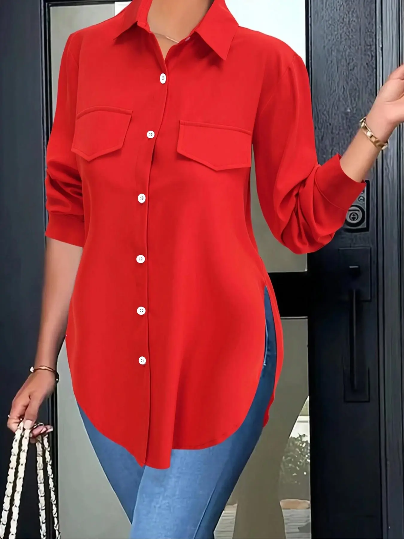 [Plus Size] Solid Color Curved Hem Shirt Blouse, Casual Long Sleeve Collared Button Top for Spring, Women's Plus Clothing for Daily Wear