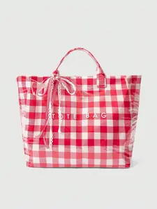 Sweet, minimalist, fashionable texture plaid tote bag, printed decoration, lace bow design, large capacity casual versatile shoulder bag, Trendy Commuter Bag, Casual Bags, suitable for daily commuting, shopping in the mall, and gatherings