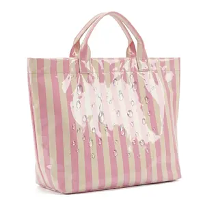 Striped PVC Tote Bag Large Glossy Striped Handbags Waterproof Top Handle Bag Plastic Tote Handbag Beach Travel Work