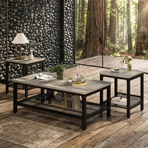 3 Piece Industrial Coffee Table Set, Grey MDF Tabletop Metal Frame Living Room Table with 2 Square Side End Tables, Adjustable Legs Dual Layer Storage Accent Furniture for Home Apartment Office