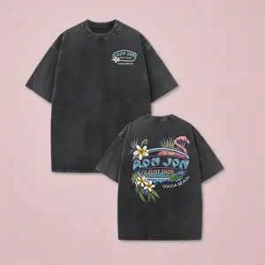 [Winter Outfits]230g Heavyweight Vintage Washed Cotton T-Shirt - Tropical Flamingo & Surfboard Graphic Print, Dual-Sided Beach Carnival Design, Loose Fit Crew Neck Short Sleeve for Men & Women, (Machine Washable) white tee soulja boy 67