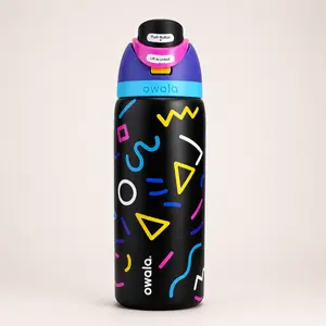 Owala FreeSip 30oz Insulated Stainless Steel Water Bottle | Retro Memphis Pattern Black Tumbler | Leak Proof BPA Free Sports Water Bottle with Straw | Double Wall Vacuum Flask for Gym, Travel & Daily Hydration