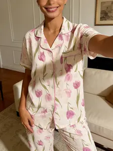 Women's Short Sleeve Long Pants Pajama Set, Tulip Flower All over Print, Floral, Casual Home Wear, Two-Piece, Nightwear, Loungewear