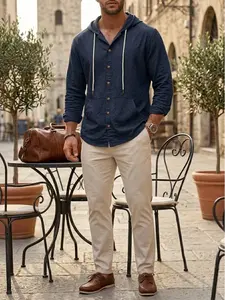 Men's Linen Hooded Tunic Shirt - Long-Sleeve Button-Down Hippie Outfits, Relaxed Fit Lightweight Beachwear with Kangaroo Pockets, Breathable Summer Top to Pair with Jeans