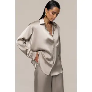 Beige Island Ease Collared Satin Top