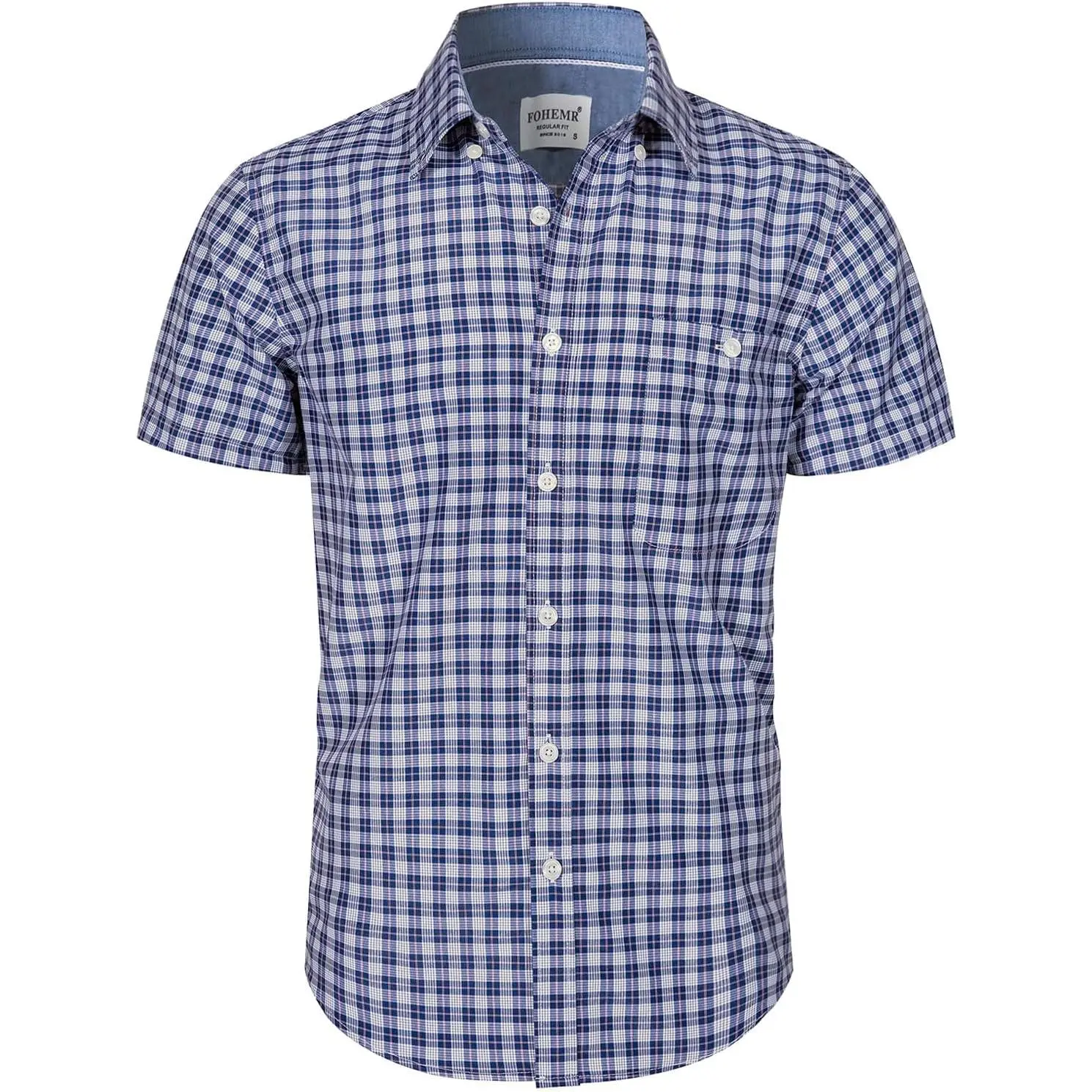 Men's Classic Plaid Short-Sleeve Dress Shirt, Menswear Cotton Fabric Button-Down with Pocket, Summer Casual Wrinkle-Free Gingham Shirt with Hem, Shortsleeve, Checked