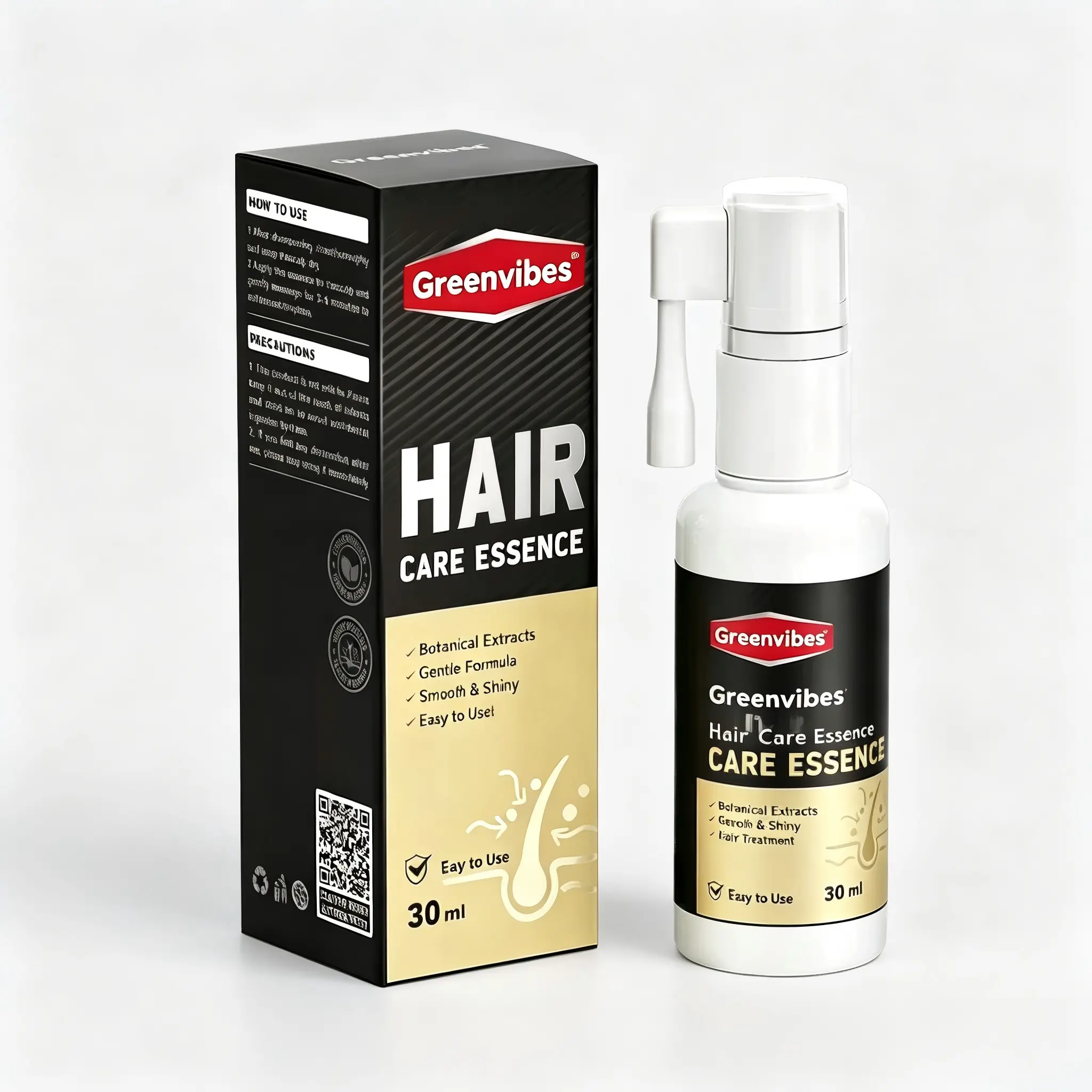 Greenvibes Care Essence Infused with Butylene Glycol, Glycerin and Polyaminoglycoside Condensates. Fortify hair strands and restore your hair’s natural strength & vitality.