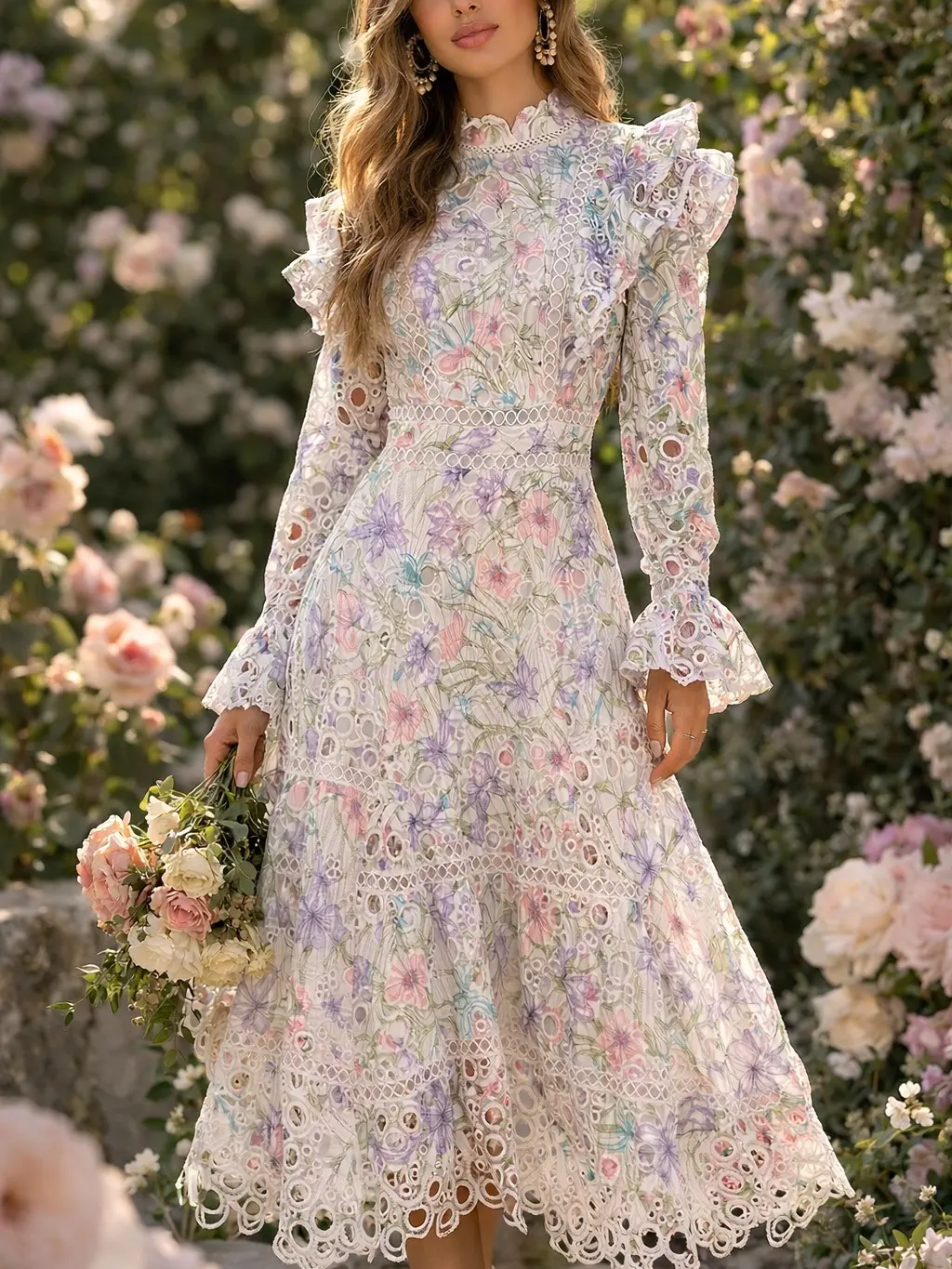 Pastel Floral Lace Maxi Dress for Women Elegant Long Sleeve Romantic  Cottagecore Dress Vintage Floral Garden