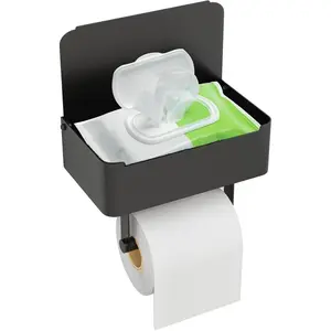 Toilet Paper Holder with Shelf, Flushable Wipes Dispenser Fits Bathroom Wipe Storage, Keep Wipes Hidden Out of Sight - SUS304 Stainless Steel Wall Mount Organizer (Matte Black)