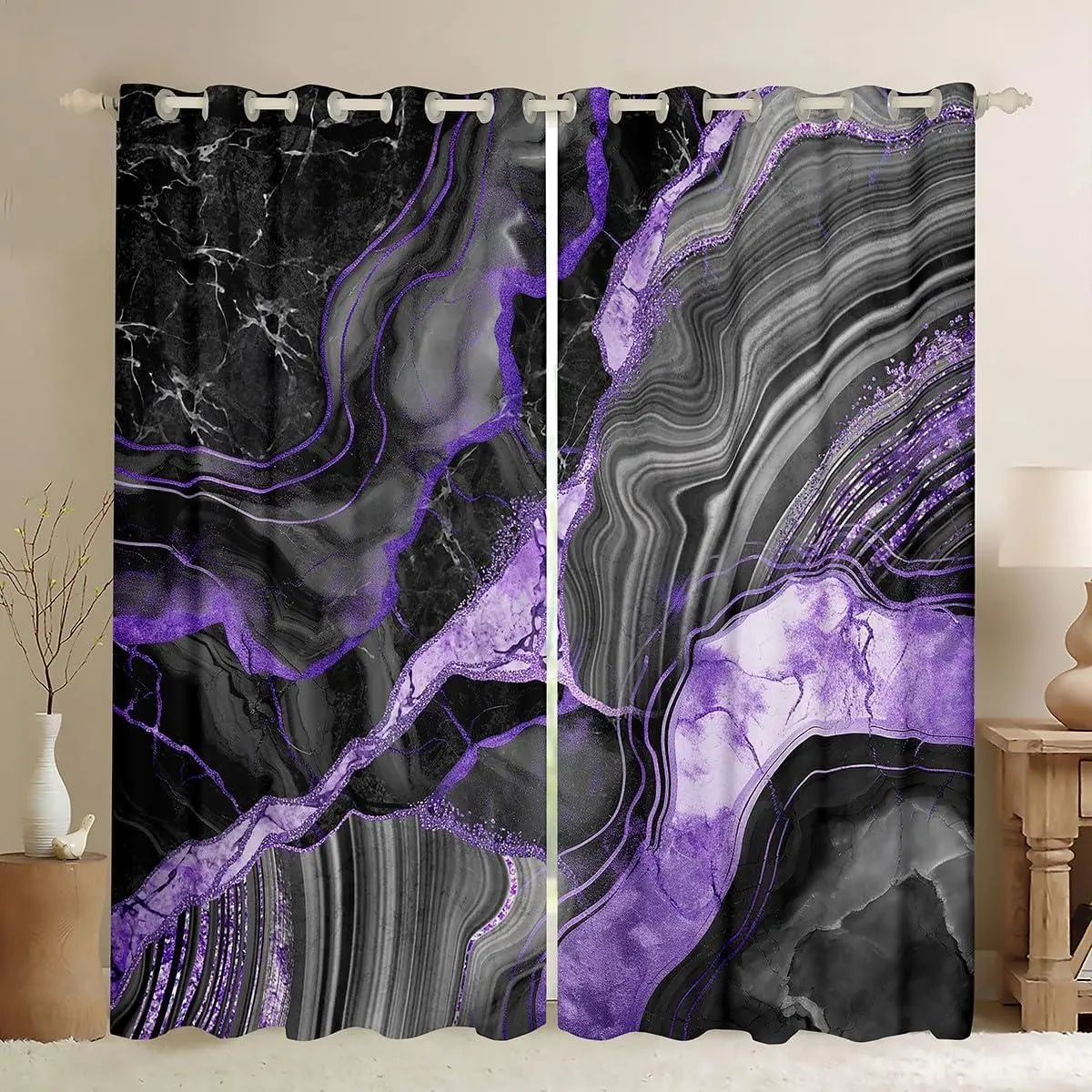 Black Grey Marble Curtains,Purple Marbling Crack Blackout Curtains,Abstract Metallic Texture Curtains & Drapes,Gray Geometric Boho Hippie Fluid Window Curtains,2 Panels