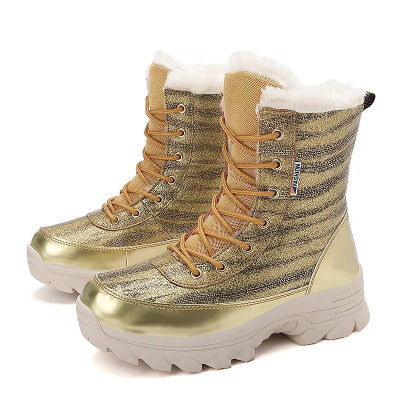 Women’s winter glossy striped fleece mid-calf snow boots with laces, thick platform for added height, cold-resistant short boots; warm cotton casual outdoor boots for winter.