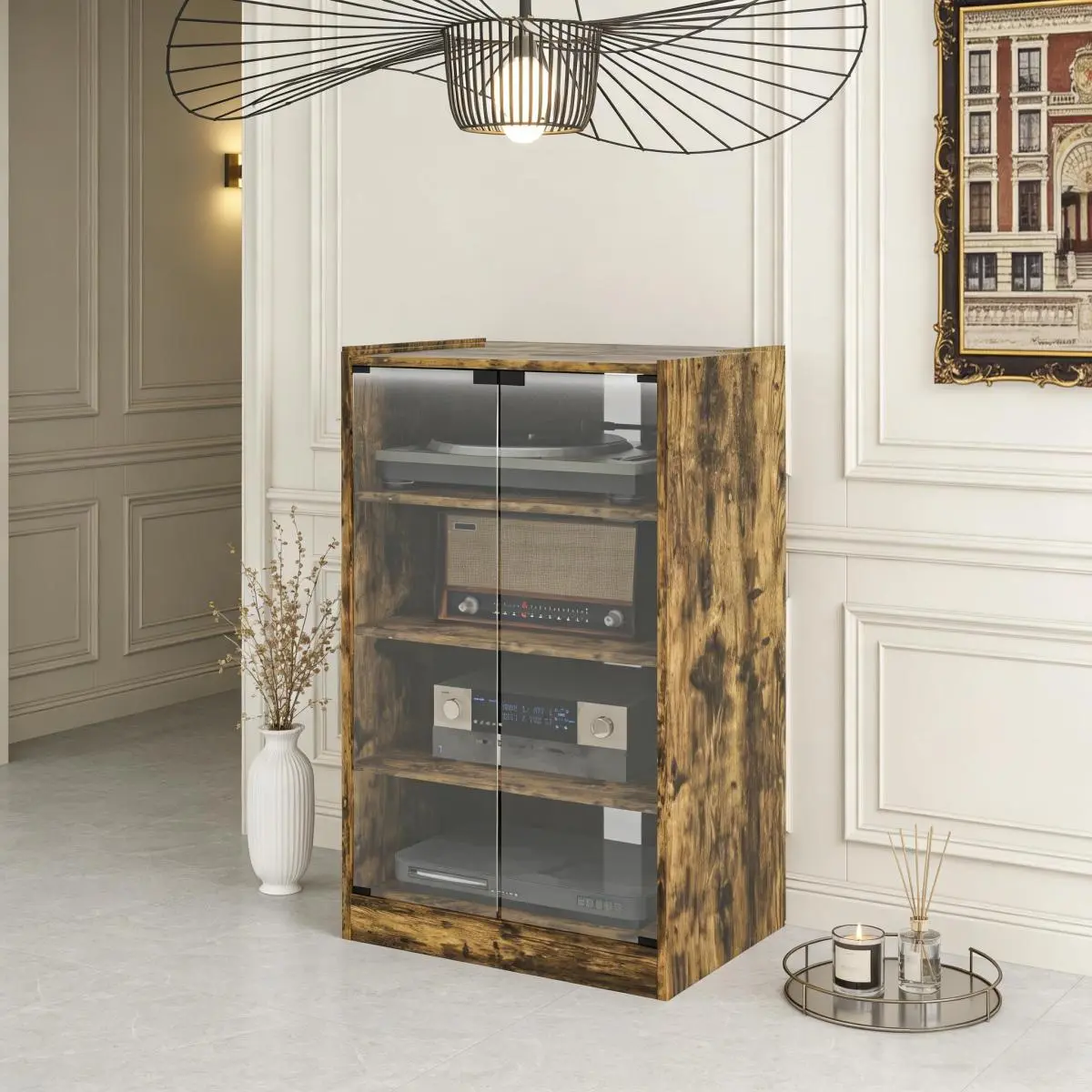 Freestanding Adjustable Indoor PA Audio Equipment Media Rack Cabinet - Sturdy Particleboard Wood Grain Single Unit Storage Cupboard with Tempered Glass, Includes Manual, 21.25"w x 15.75"d x 35.75"h