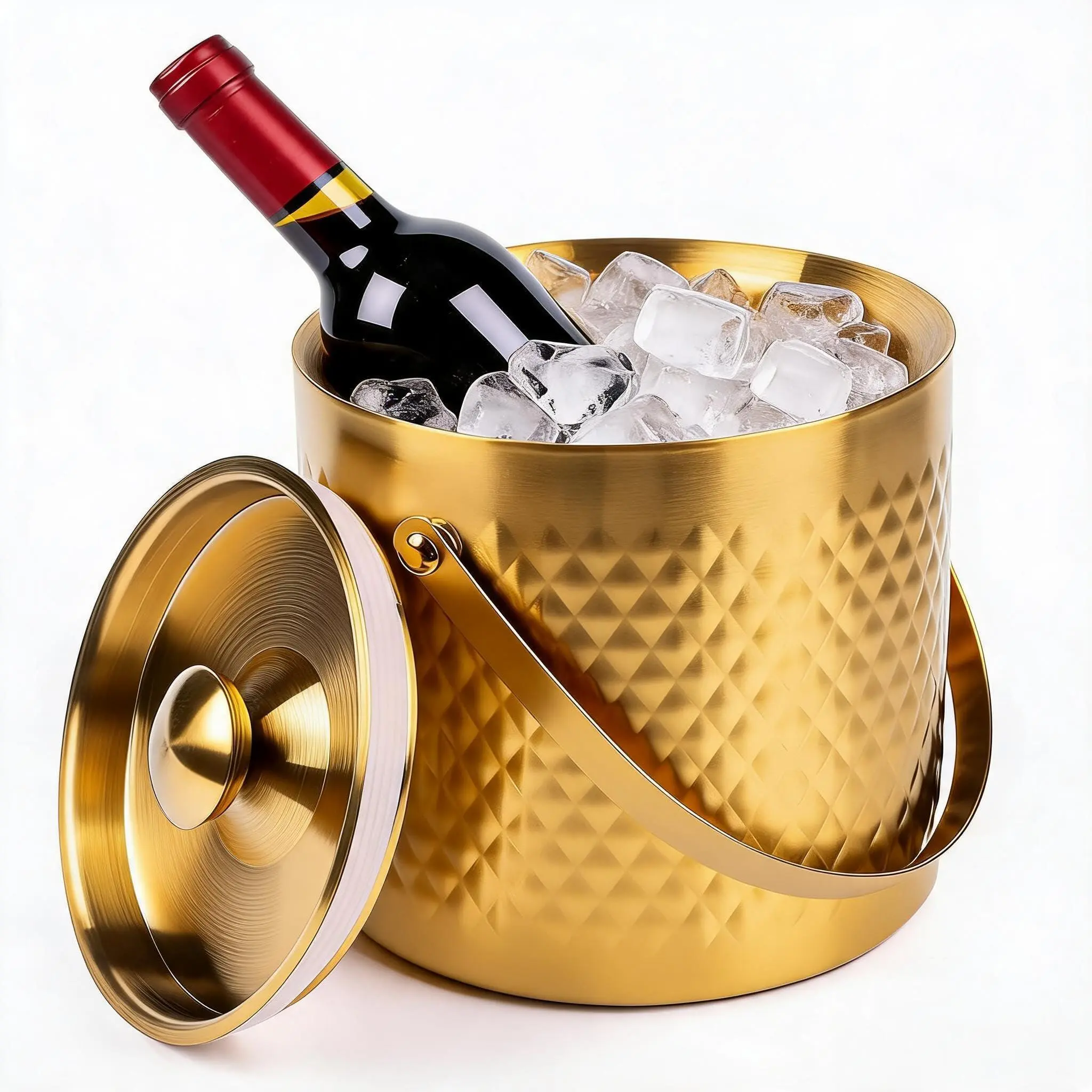 GARVEE 3L Gold Stainless Steel Ice Bucket with Lid, Double-Wall Insulated Wine & Champagne Chiller, Diamond Pattern Metal Ice Pail with Handle for Bar, Party, Wedding, Patio, Home Decor