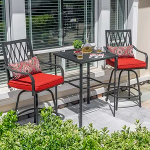 Outdoor 3-Piece Metal Bar Set, Swivel Bar Stools with Cushions and Pillows