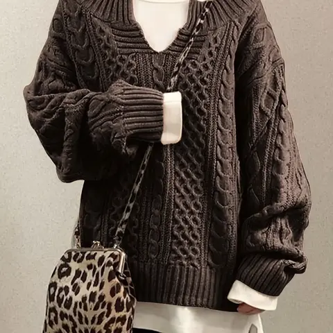 Women's Textured Drop Shoulder Notched Sweater Knitwear, Casual Long Sleeve Jumper for Fall & Winter, Women's Clothing for Daily Wear