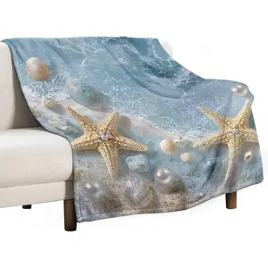 Coastal Gold Starfish Seashell Sand Flannel Throw Blanket Blue Beach Pearl Ultra Soft Cozy Fleece Throw for Couch, Sofa, Bed, Room Decor 60"x80"