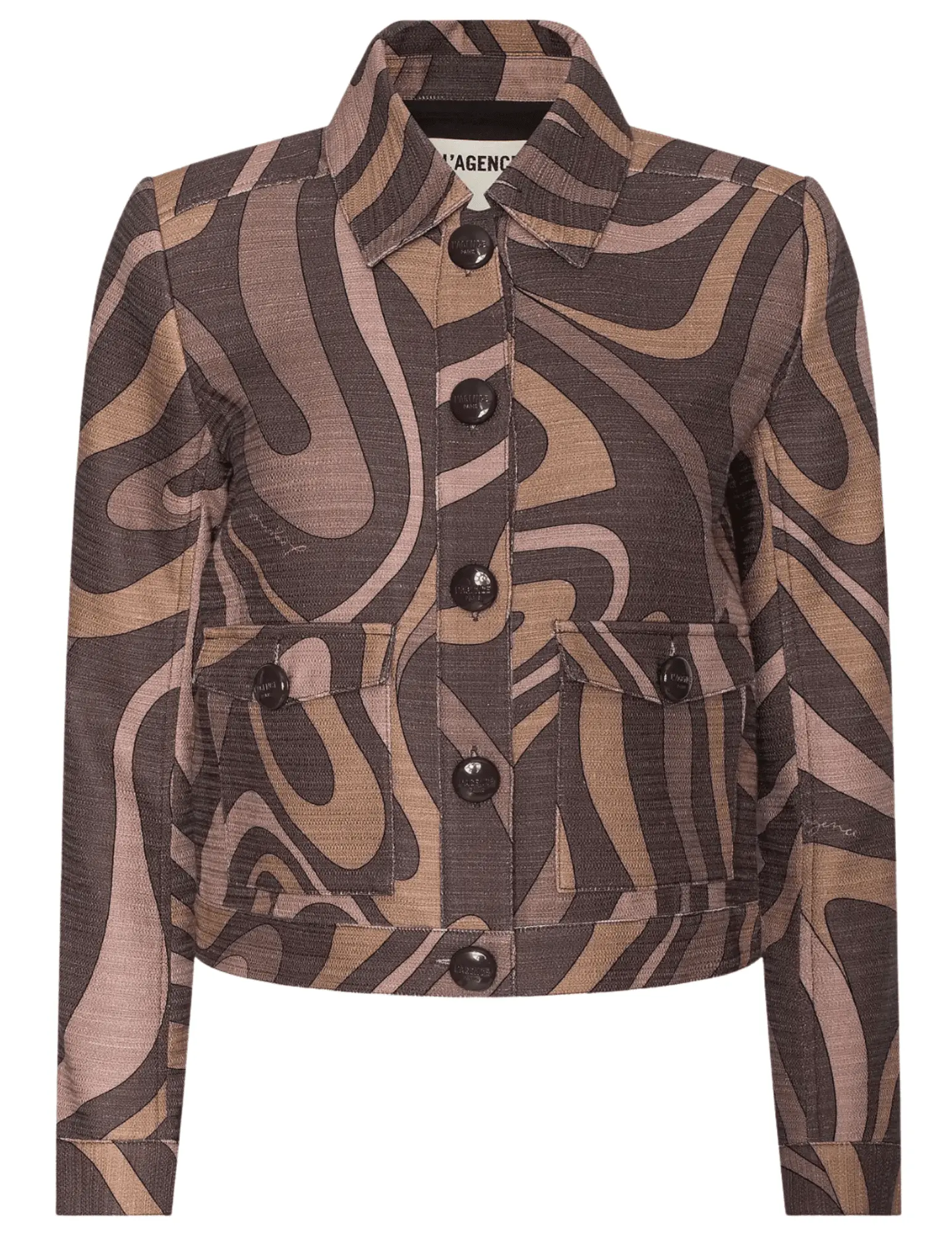 L'AGENCE Nyx Cropped Jacket in Sepia Brown Multi Abstract Swirl