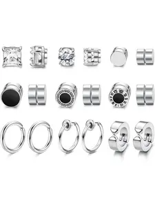 9 Pairs Earrings for Men Women Non Pierced Silver 316L Stainless Steel CZ Clip on Earring Stud and Huggie Hoop Fake Earrings Set Black/Silver Surgical Steel Earrings