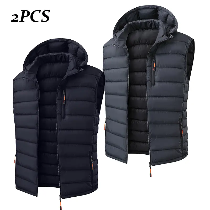 Mens Hooded Quilted Padded Sleeveless Vest - Menswear, 1 or 2-Pack Options, Plain Stylish Medium Length Casual Sports Windproof Warm Zip Pocket Waistcoat Outerwear, 3 Colors Available