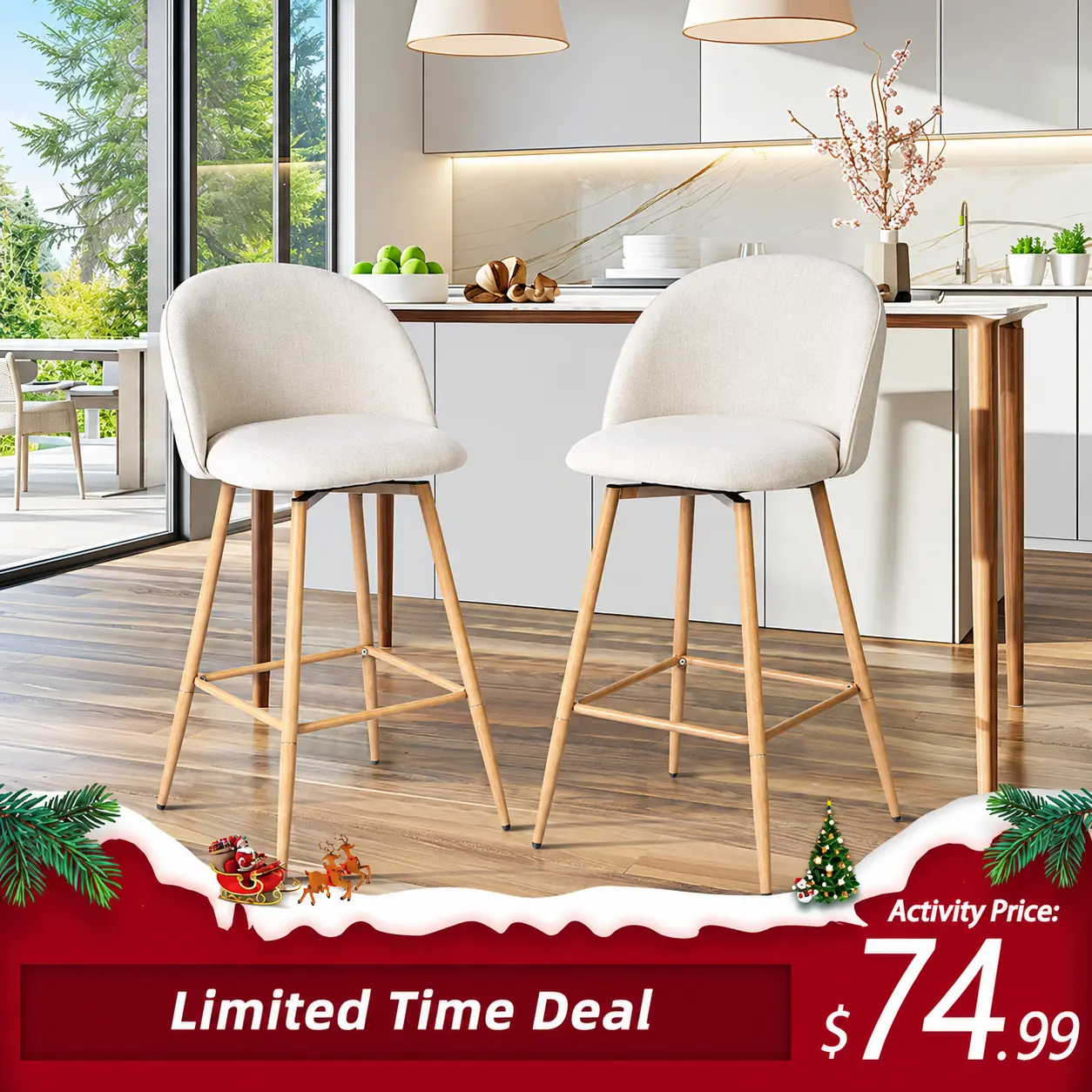 【Limited Time Deal】Homy Casa Bar Stools Set of 2, 26” Swivel Counter Height Modern Light Beige Upholstered Barstools for Kitchen Dining Home Minimalist Ergonomic Durable Design Sturdy Polyester Furniture Seater