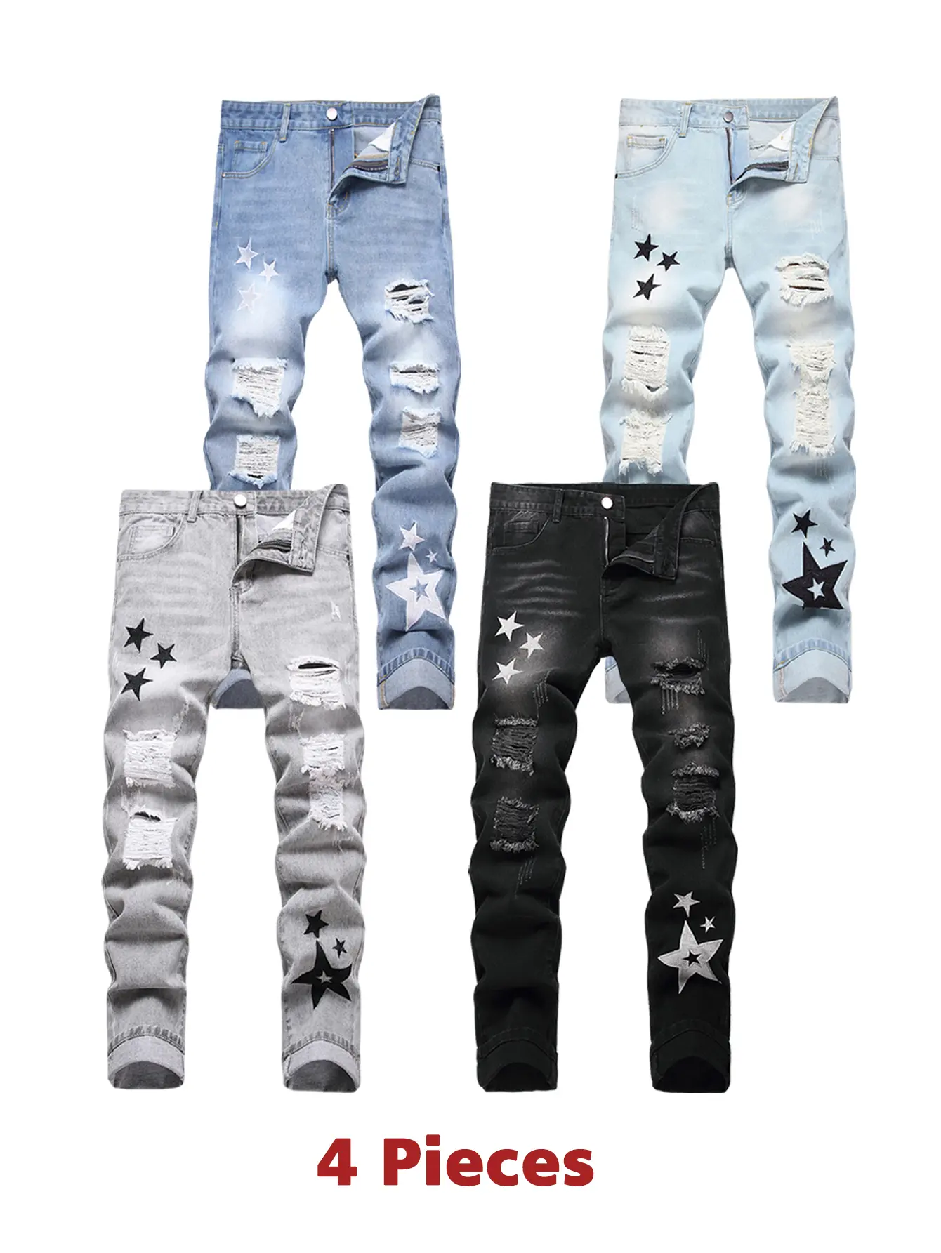 4 Pieces Jeans For Men Y2k Slim Fit Star Embroidery Blue & Light Blue & Grey & Black Denim Pants Casual Trousers Straight Leg Fashion Streetwear Men's Clothing