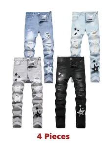4 Pieces Jeans For Men Y2k Slim Fit Star Embroidery Blue & Light Blue & Grey & Black Denim Pants Casual Trousers Straight Leg Fashion Streetwear Men's Clothing