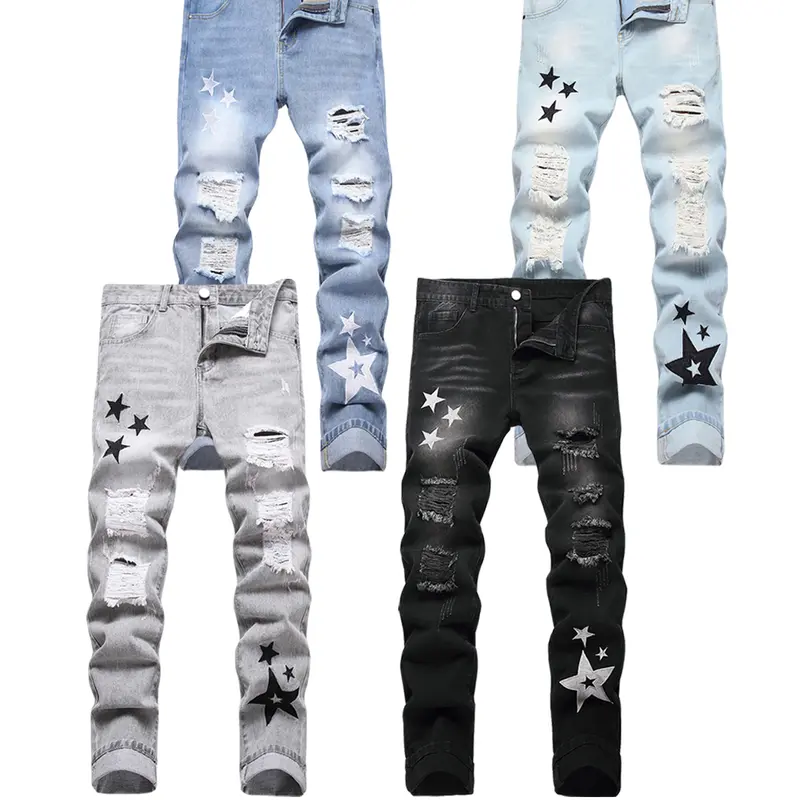 Men's Mid Waist Decorated Slim-Straight Leg Denim Jeans - Star Embroidery, 00s Style Casual Streetwear, Blue, Light Blue, Grey, Black, All Seasons, Machine Washable, Jeans Bottom, Straight Pants