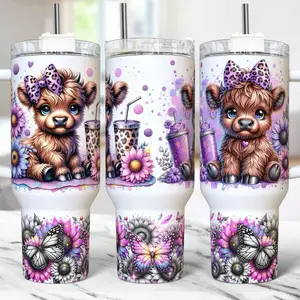Highland cow Tumbler 40oz Stainless Steel Handmade Lid Straw Bottle Drinkware Water Bottles Cup Mug Portable Bottled Washable Reusable Insulated Flasks